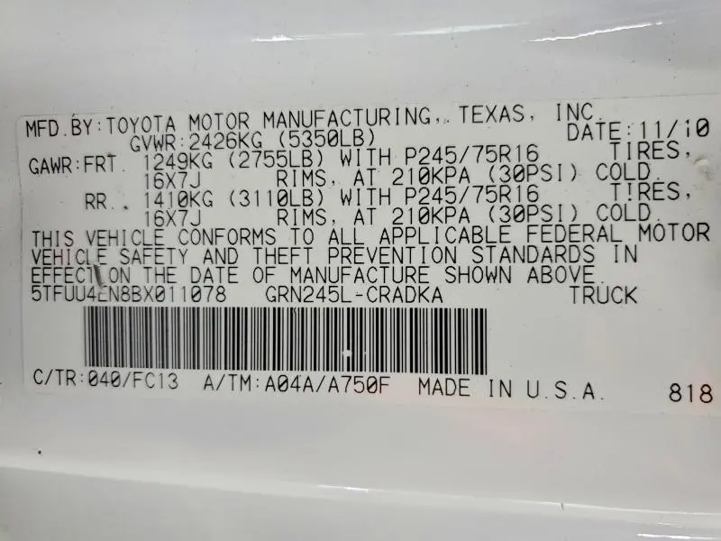 2011 TOYOTA TACOMA ACCESS CAB  