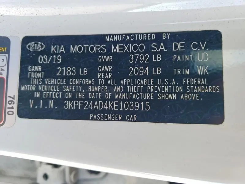 2019 KIA FORTE   
