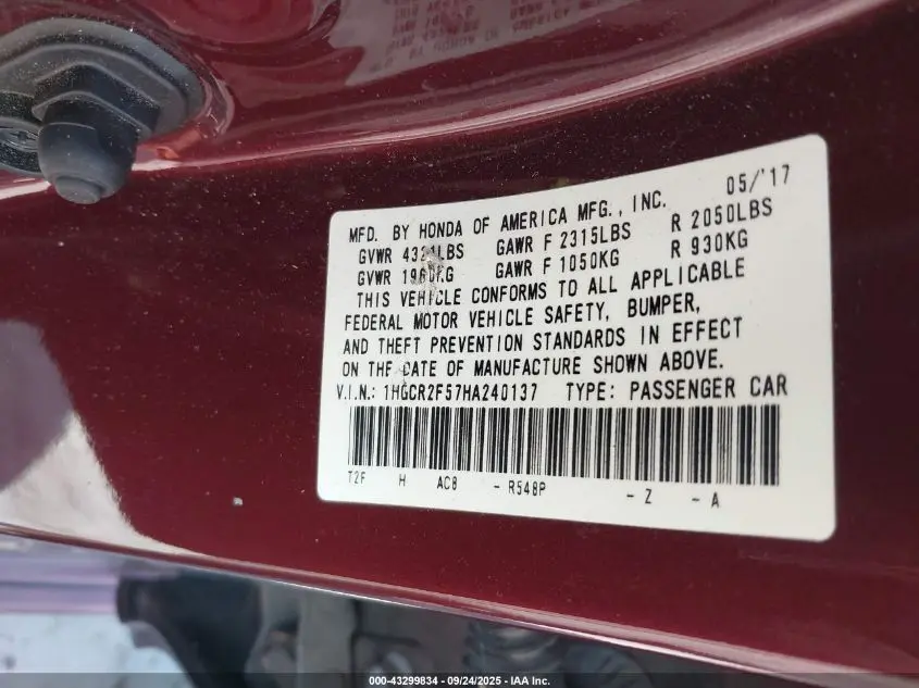 2017 HONDA ACCORD SPORT