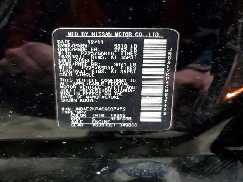 2012 NISSAN QUEST 3.5 S  