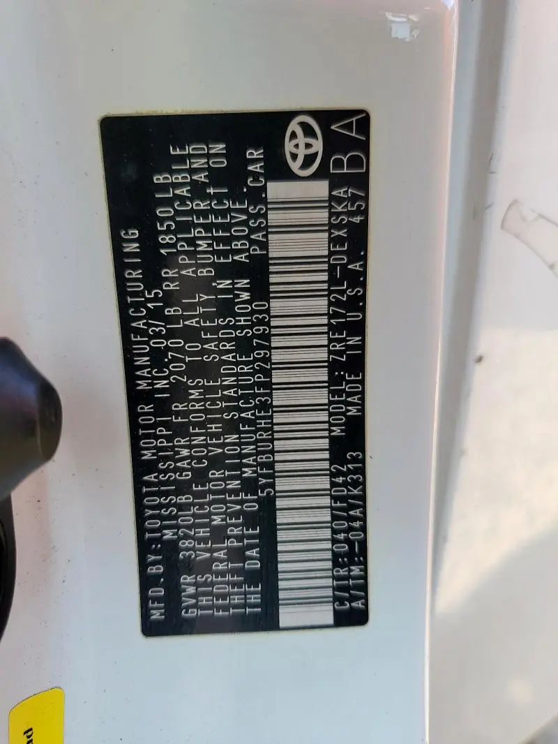 2015 TOYOTA COROLLA L  