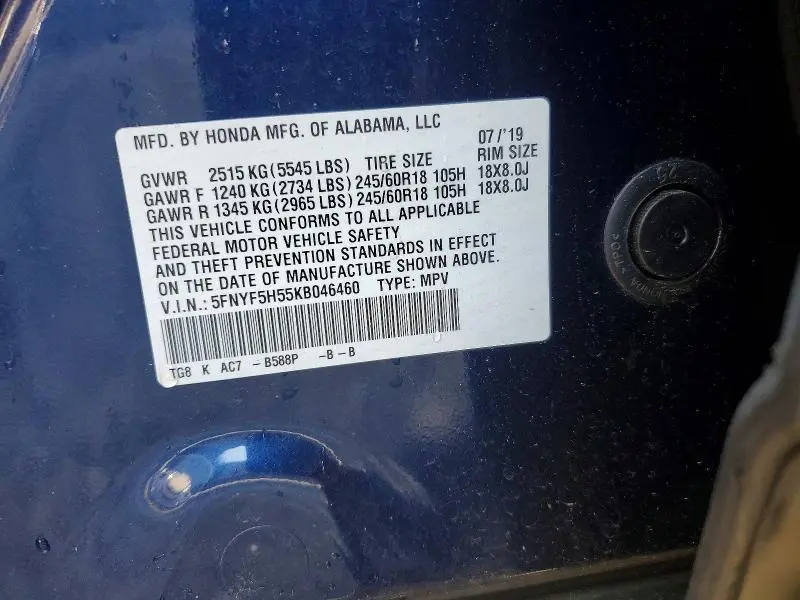 2019 HONDA PILOT EXL  