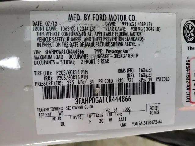 2012 FORD FUSION S