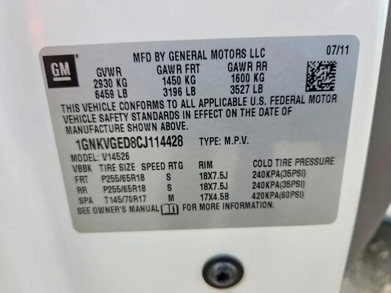 2012 CHEVROLET TRAVERSE LT  