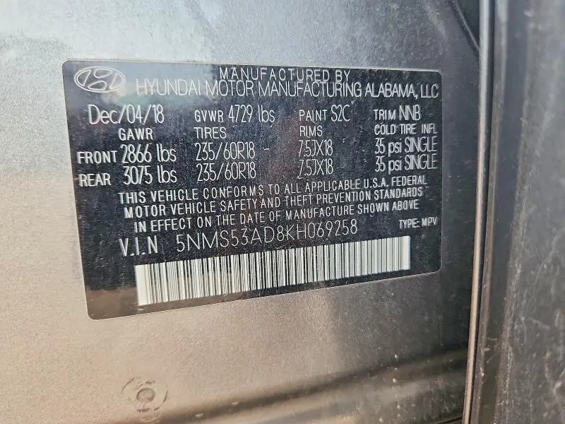 2019 HYUNDAI SANTA FE ULTIMATE 2.4L  