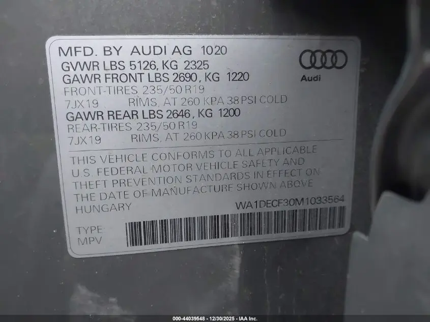 2021 AUDI Q3 PREMIUM 45 TFSI S LINE QUATTRO TIPTRONIC