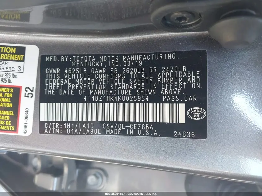 2019 TOYOTA CAMRY XLE V6