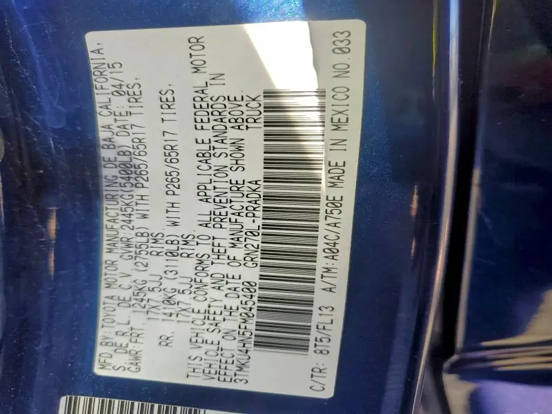 2015 TOYOTA TACOMA DOUBLE CAB PRERUNNER LONG BED  