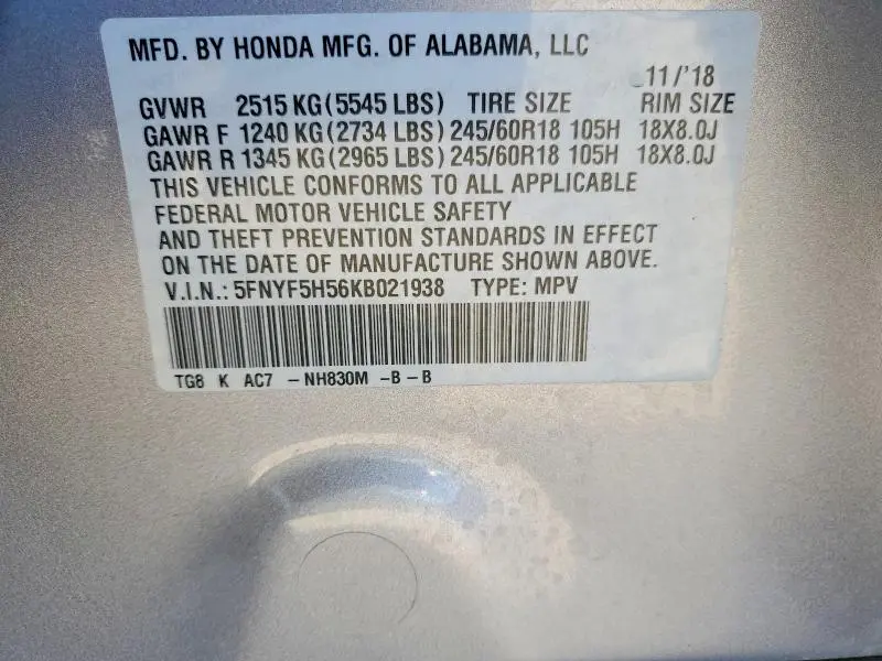 2019 HONDA PILOT EXL  