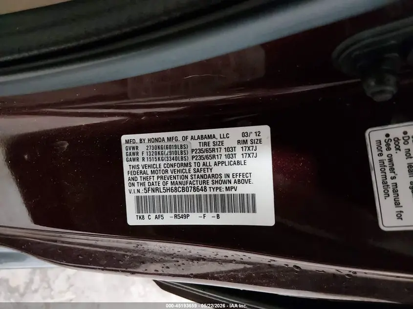 2012 HONDA ODYSSEY EX-L