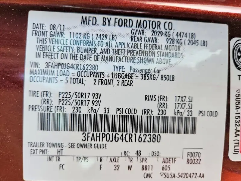 2012 FORD FUSION SEL  
