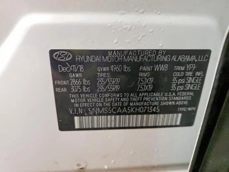 2019 HYUNDAI SANTA FE LIMITED 2.0T  
