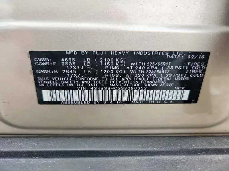 2016 SUBARU OUTBACK 2.5I PREMIUM  