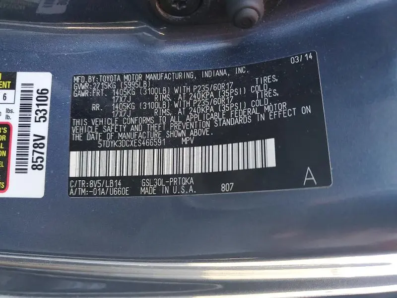 2014 TOYOTA SIENNA XLE  