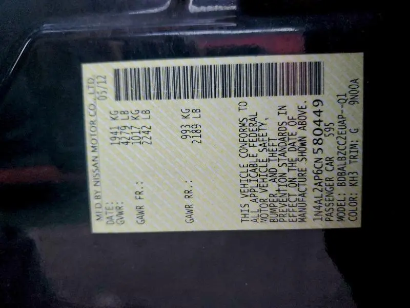 2012 NISSAN ALTIMA BASE  