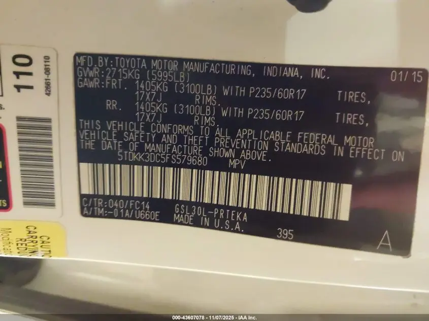 2015 TOYOTA SIENNA LE 8 PASSENGER