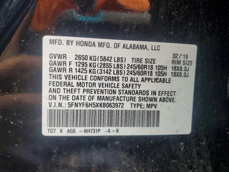 2019 HONDA PILOT EXL  