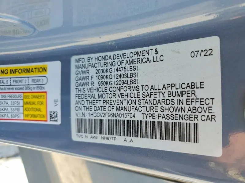 2022 HONDA ACCORD TOURING  