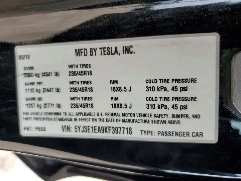2019 TESLA MODEL 3   