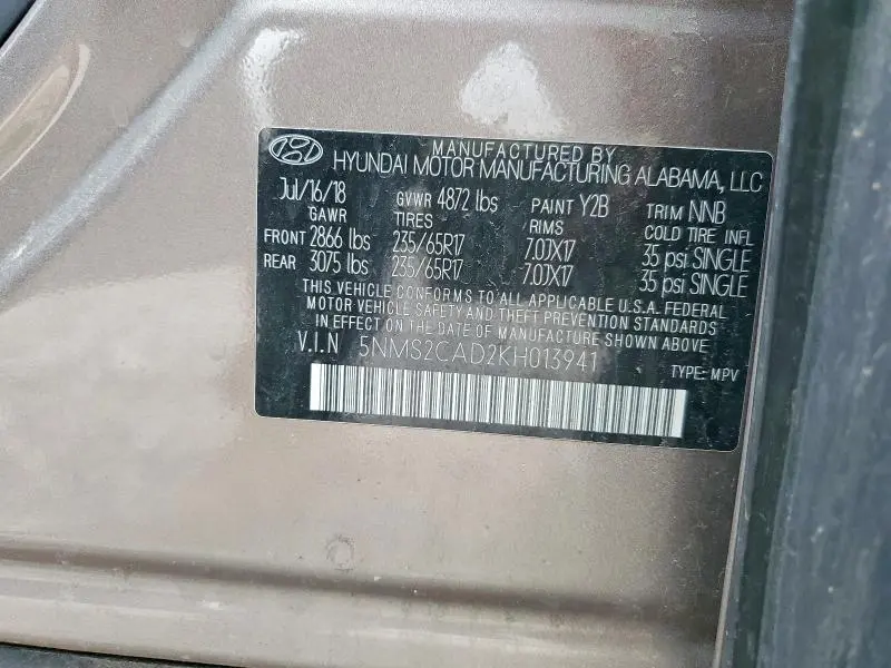 2019 HYUNDAI SANTA FE SE 2.4L  