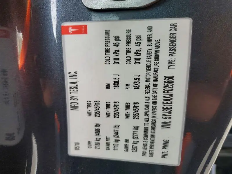 2018 TESLA MODEL 3   