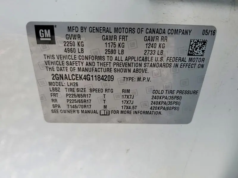 2016 CHEVROLET EQUINOX LT  