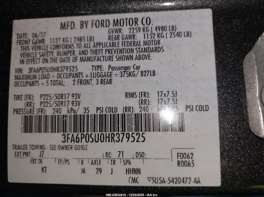 2017 FORD FUSION ENERGI TITANIUM