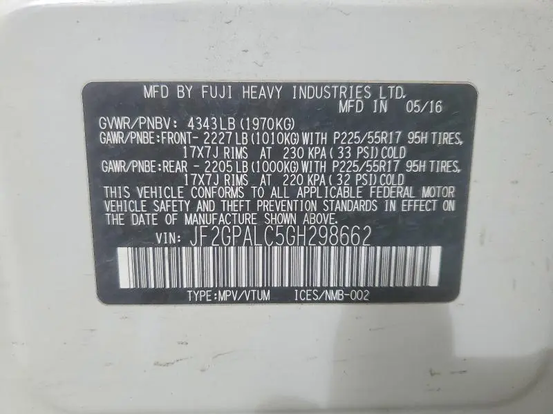 2016 SUBARU CROSSTREK LIMITED  