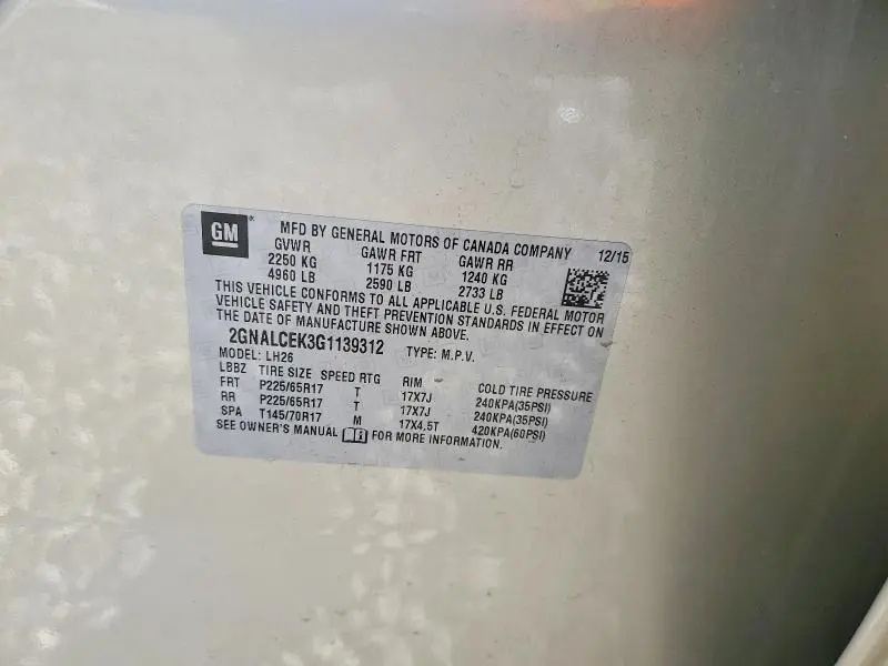 2016 CHEVROLET EQUINOX LT  