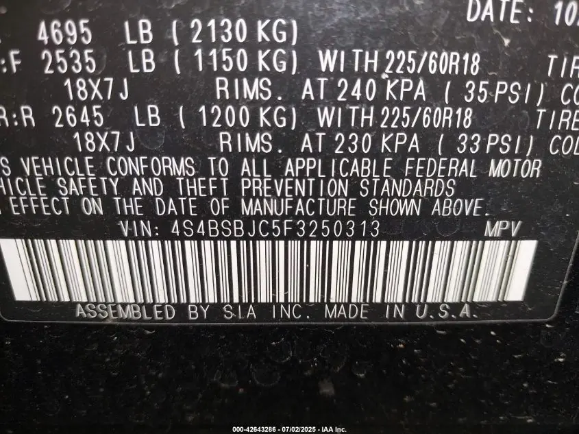 2015 SUBARU OUTBACK 2.5I LIMITED