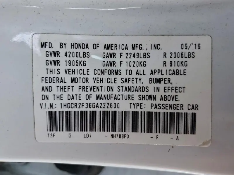 2016 HONDA ACCORD LX  