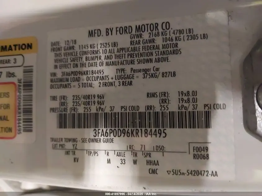 2019 FORD FUSION TITANIUM