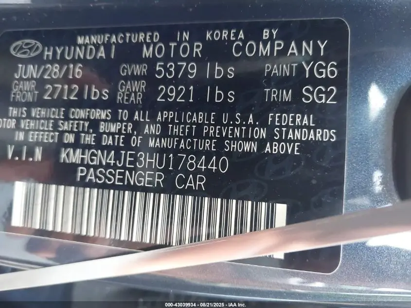 2017 GENESIS G80 3.8