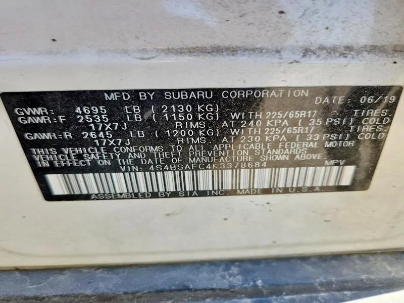 2019 SUBARU OUTBACK 2.5I PREMIUM  