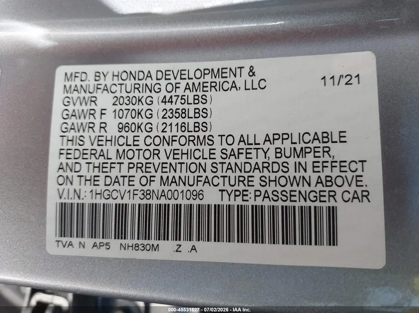 2022 HONDA ACCORD SPORT
