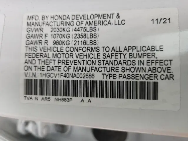 2022 HONDA ACCORD SPORT SE  