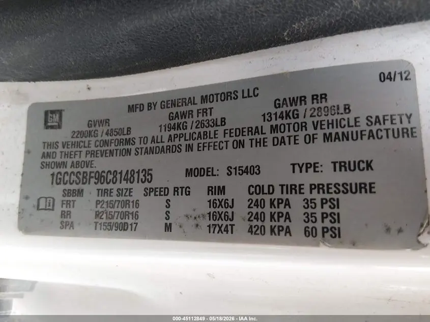 2012 CHEVROLET COLORADO WORK TRUCK