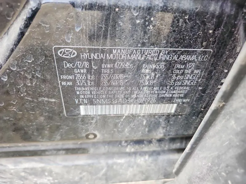 2019 HYUNDAI SANTA FE SEL PLUS 2.4L  