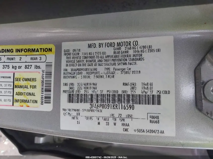 2019 FORD FUSION TITANIUM