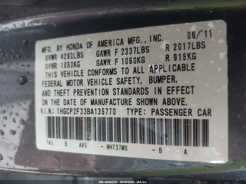 2011 HONDA ACCORD 2.4 LX