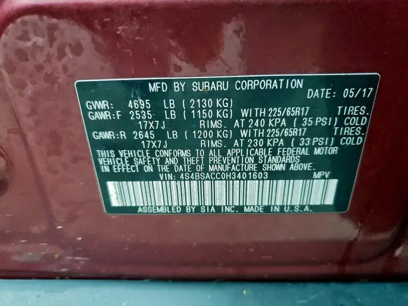 2017 SUBARU OUTBACK 2.5I PREMIUM  