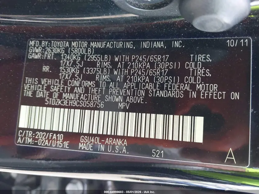 2012 TOYOTA HIGHLANDER BASE V6