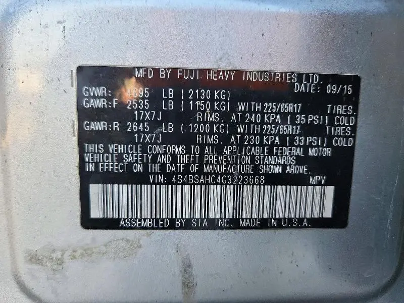 2016 SUBARU OUTBACK 2.5I PREMIUM  