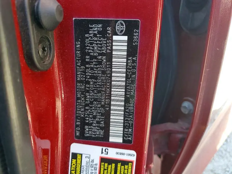 2019 TOYOTA CAMRY LE  