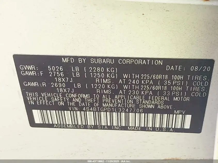 2020 SUBARU OUTBACK TOURING XT