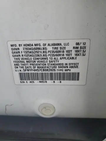 2012 HONDA PILOT EXL  