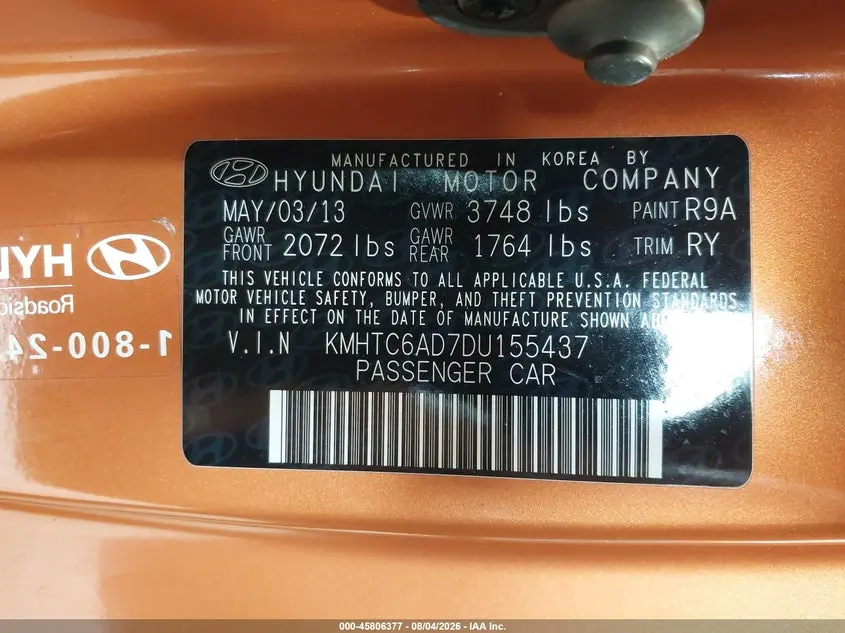 2013 HYUNDAI VELOSTER BASE W/BLACK