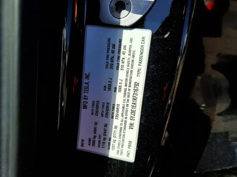 2019 TESLA MODEL 3   