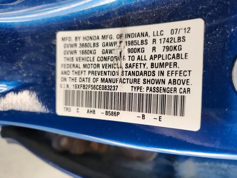 2012 HONDA CIVIC LX  