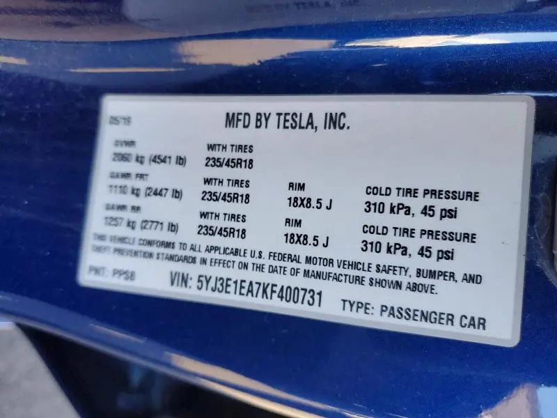 2019 TESLA MODEL 3   